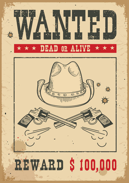 Manifesto ricercato per ritratto. Carta vintage occidentale con cappello da cowboy e pistole
  - Vettoriali, immagini