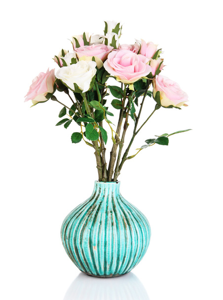 Beautiful pink and white roses in vase isolated on white - Foto, afbeelding