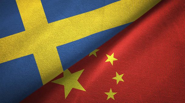 Sweden and China flags together relations textile cloth, fabric texture - Photo, Image