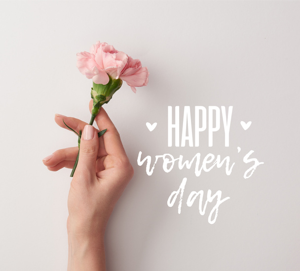 partial view of woman holding pink carnation on grey background with happy womens day lettering - Foto, immagini