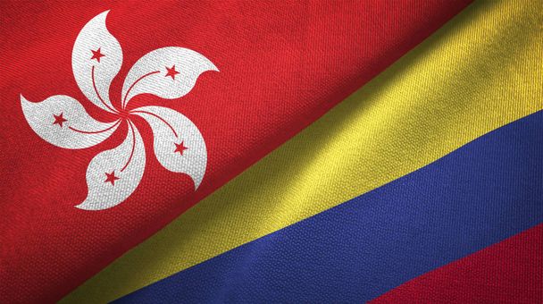 Hong Kong i Kolumbia flagi razem stosunków tkaniny tkaniny, tekstura tkanina - Zdjęcie, obraz