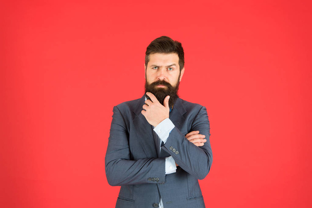 Man bearded businessman thoughtful face solving problem making decision. Decision making is part of management. Mental process of choosing from set of alternatives. Hard decision. Business decision - Φωτογραφία, εικόνα