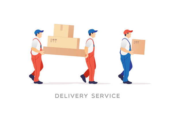 Servicio de entrega y mudanza. Hombres de uniforme con cajas. Ilustración vectorial
. - Vector, Imagen