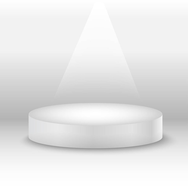 Round white stage podium with light beam. Vector illustration. - Vector, afbeelding