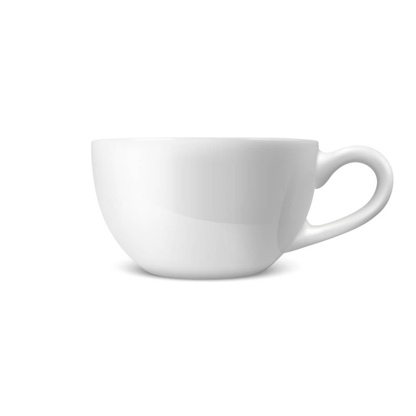 Ρεαλιστική διάνυσμα 3d γυαλιστερό κενό λευκό καφέ τσάι κύπελλο, η κούπα Closeup εικονίδιο που απομονώνονται σε λευκό φόντο. Πρότυπο σχεδίασης από πορσελάνη φλυτζάνι ή κούπα για Branding, κοροϊδεύω. Μπροστινή όψη - Διάνυσμα, εικόνα
