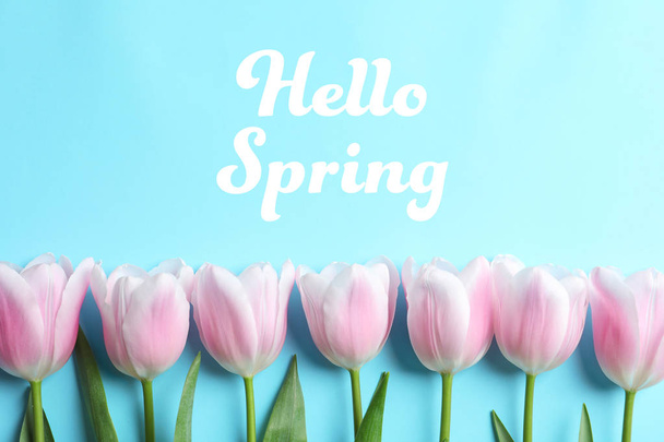 Composición laica plana de hermosos tulipanes y texto Hello Spring sobre fondo de color
 - Foto, imagen