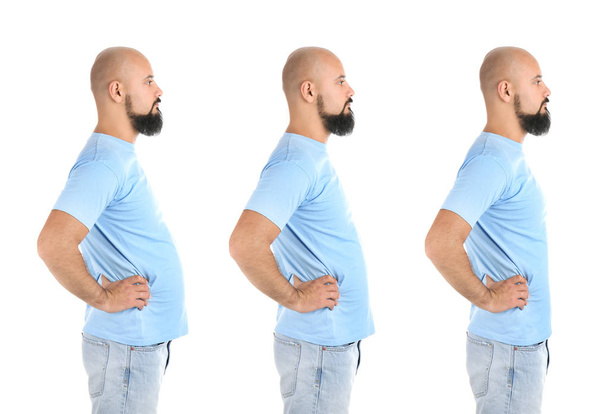 Overweight man before and after weight loss on white background - Photo, image