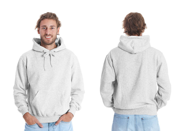 Man in blank hoodie sweater on white background, front and back views. Mock up for desing - Foto, immagini