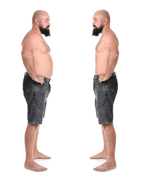 Overweight man before and after weight loss on white background - Foto, Bild