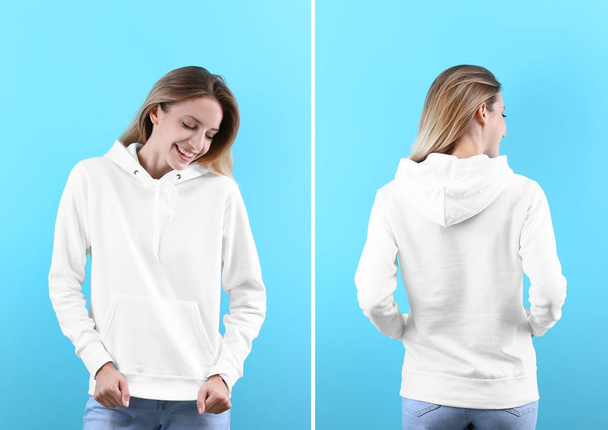 Young woman in blank hoodie sweater on color background, front and back views. Mock up for desing - Foto, imagen