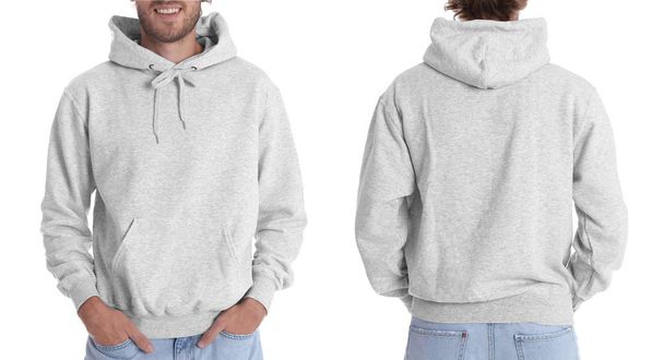 Man in blank hoodie sweater on white background, closeup. Mock up for desing - Фото, изображение