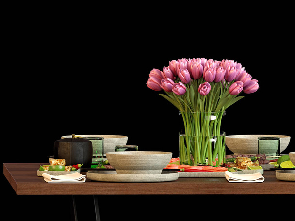3D render keukentafel instellen voor het diner - Foto, afbeelding