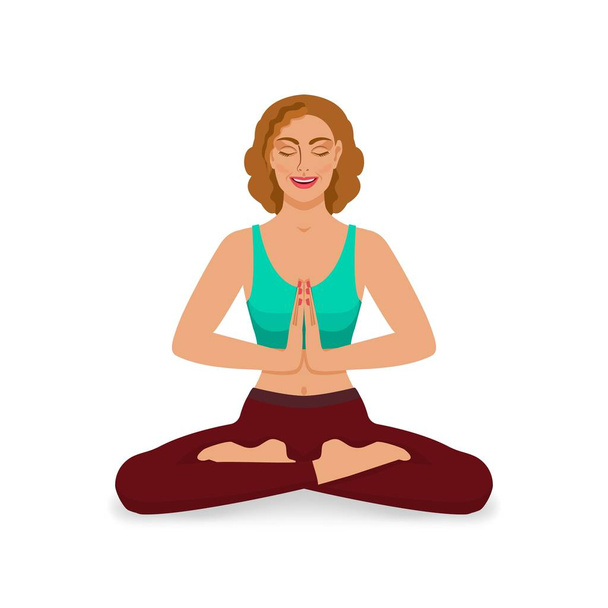 usmívající se dívka se zavřenýma očima, meditoval v lotosové pozici jóga - Vektor, obrázek