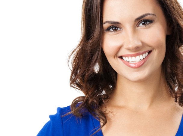 Happy smiling young woman, over white - Foto, Imagen