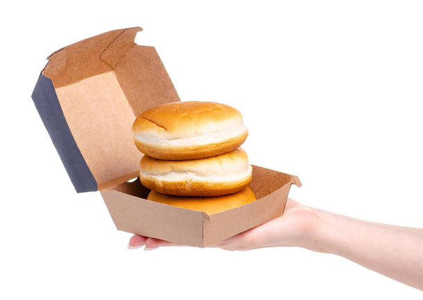 Burger buns burger box in hand - Zdjęcie, obraz