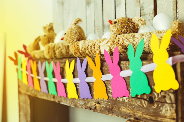 Colorful easter garland. Funny rabbits background - Photo, Image