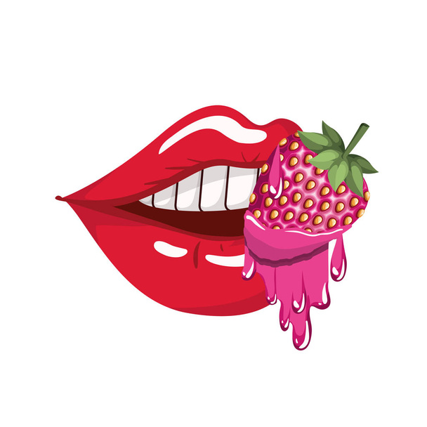 θηλυκό στόμα στάζουν με φράουλα φρούτα - Διάνυσμα, εικόνα