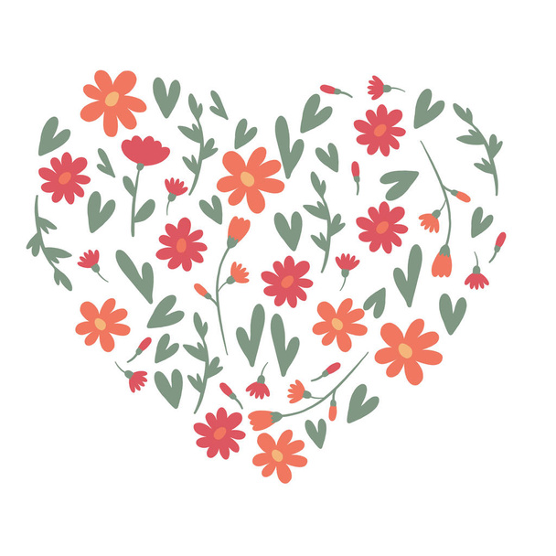 Floral mão desenhada flores dispostas no coração. Isolado desenho animado ilustração para livro, t-shirt, têxtil, etc
. - Vetor, Imagem
