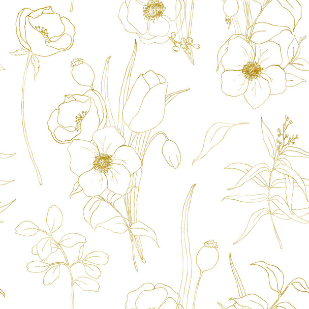 Zlaté anemone bezešvé skicou. Ručně malované květiny, eucalyptus listy a větve izolovaných na bílém pozadí pro návrh, tisk nebo tkaniny. - Fotografie, Obrázek