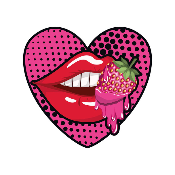 θηλυκό στόμα στάζουν με φράουλα φρούτα - Διάνυσμα, εικόνα