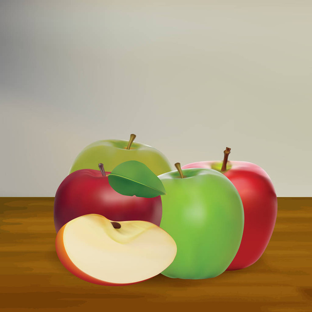 木材の背景と 4 つの現実的な新鮮なリンゴ フルーツのセット - ベクター画像
