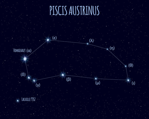 Piscis Austrinus (The Southern Fish) constellation, vector illustration with the names of basic stars against the starry sky  - Vector, Image
