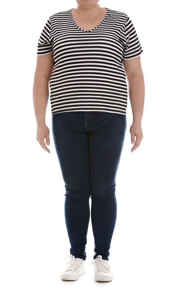 Overweight woman on white background, closeup. Weight loss - Fotografie, Obrázek