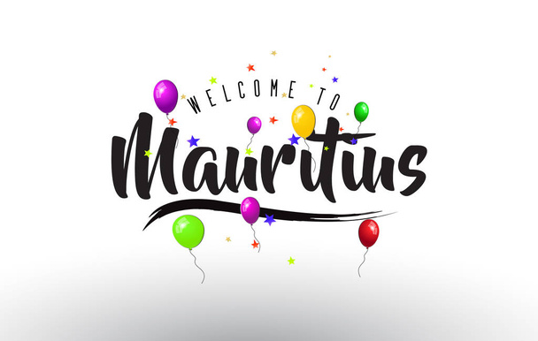 Witamy w Mauritius tekst z kolorowych balonów i gwiazdy projekt wektor ilustracja. - Wektor, obraz