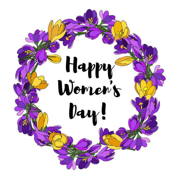A wreath of crocus flowers. Card for Womens Day. Vector illustration - Vetor, Imagem