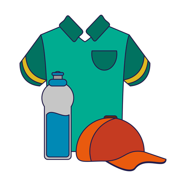Sportovní golfové tričko čepice a láhev s vodou modré čáry - Vektor, obrázek