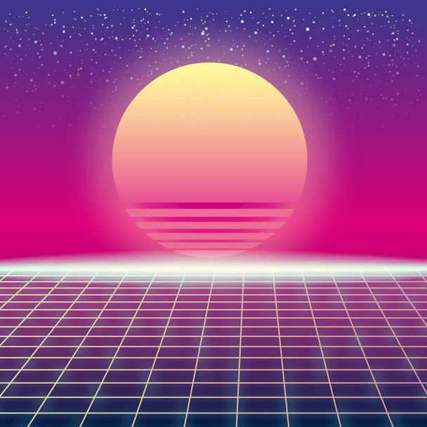 Synthwave Ретро футуристичний пейзаж з сонцем і стилізована лазерна сітка. Неонові Ретрохвильовий дизайн та елементи Sci-fi 80s 90s Space. Векторні ілюстрації шаблон ізольований фон
 - Вектор, зображення