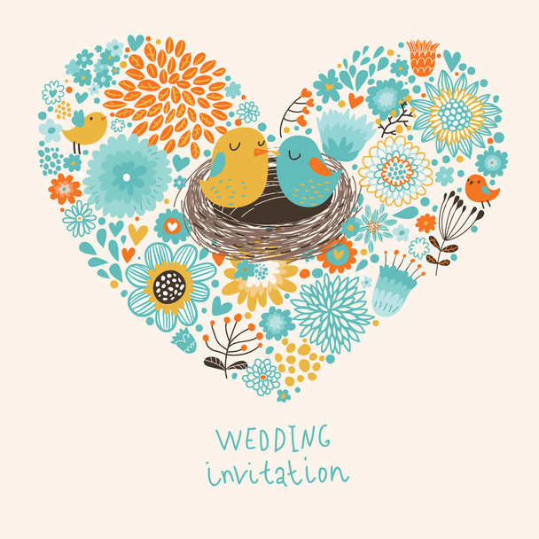 Vector wedding invitation with heart, flowers and birds - Vektör, Görsel