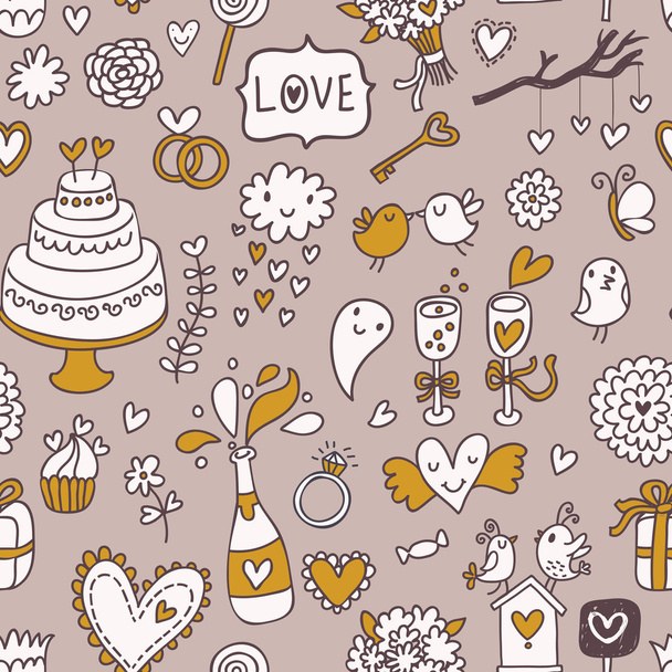 Wedding cartoon seamless pattern with celebration elements - Vetor, Imagem