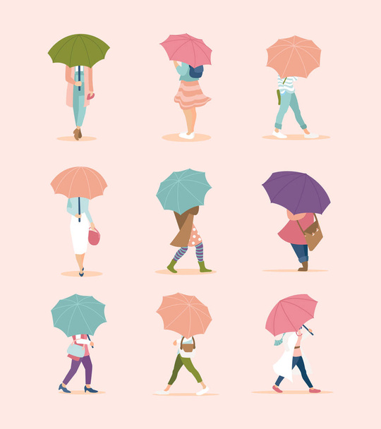 Menschen, die an herbstlichen Regentagen unter Regenschirmen spazieren gehen. Menge von winzigen Menschen unter Regen auf modernen minimalistischen Stil. Pastellfarben. Frühlingsposter mit Mädchen unter Regenschirmen, die im Regen laufen. - Vektor, Bild