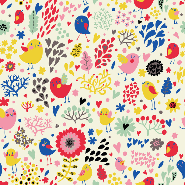 Vector seamless pattern with flower and birds. - ベクター画像