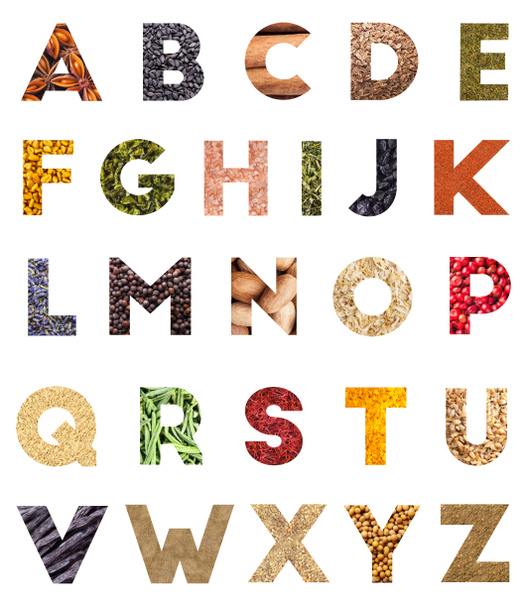 Letra del alfabeto alimenticio hecha de hierbas y especias
 - Foto, Imagen