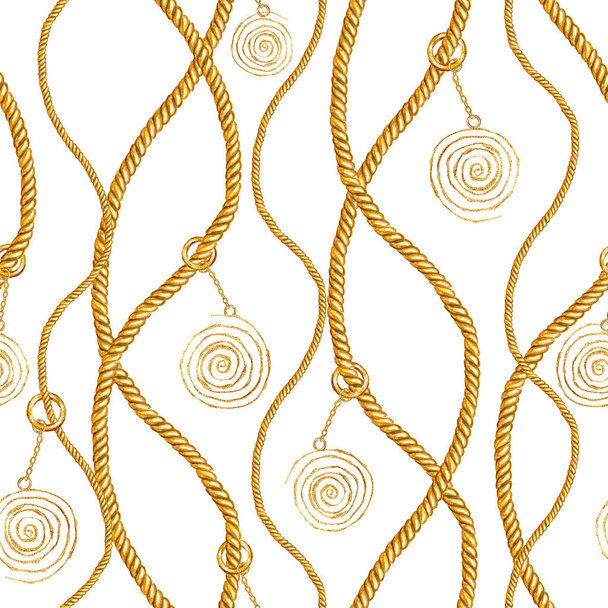 Golden chain glamour seamless pattern illustration. Watercolor hand drawn fashion texture with different golden chains on white background. Watercolour print for textile, fabric, wallpaper, wrapping. - Foto, imagen