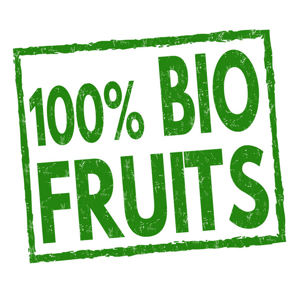 100 %-os bio gyümölcsök jel vagy bélyegző, fehér háttér, vektor illusztráció - Vektor, kép