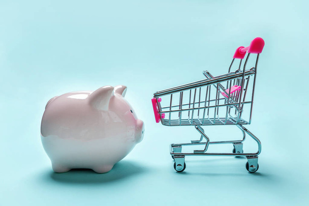 Sale buy mall market shop consumer saving and budget concept. Small supermarket grocery push cart for shopping with piggy bank isolated on blue pastel colourful trendy background - Photo, Image