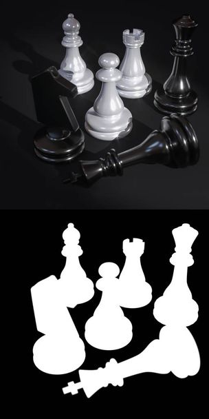 3D illustration of chess pieces on a dark background close-up with mask to accurately select objects if needed - Photo, Image