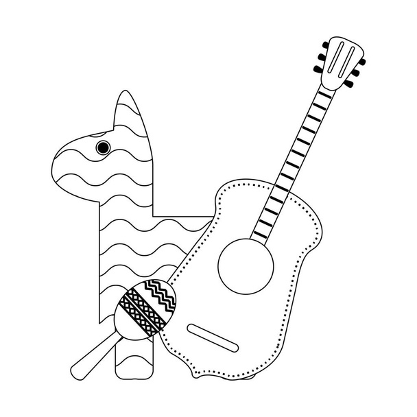 pinata maraca y guitarra símbolo mexicano blanco y negro
 - Vector, imagen