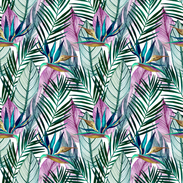 Акварель с бесшовным узором с птичьим цветком, пальмовыми листьями. Экзотические цветы, листья на светлом фоне. Ручная покраска
 - Фото, изображение