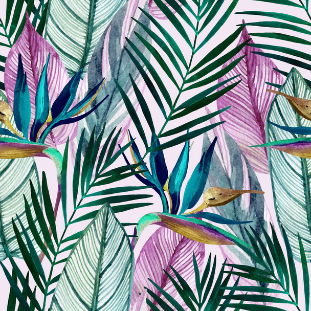 Watercolor tropical seamless pattern with bird-of-paradise flower, palm leaves. Exotic flowers, leaves on light background. Hand painted natural illustration - Fotó, kép