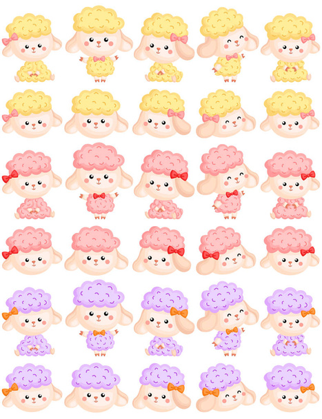 A Vector Set of Various Cute Girly Sheep in Various Actions and Colors - Vector, Image