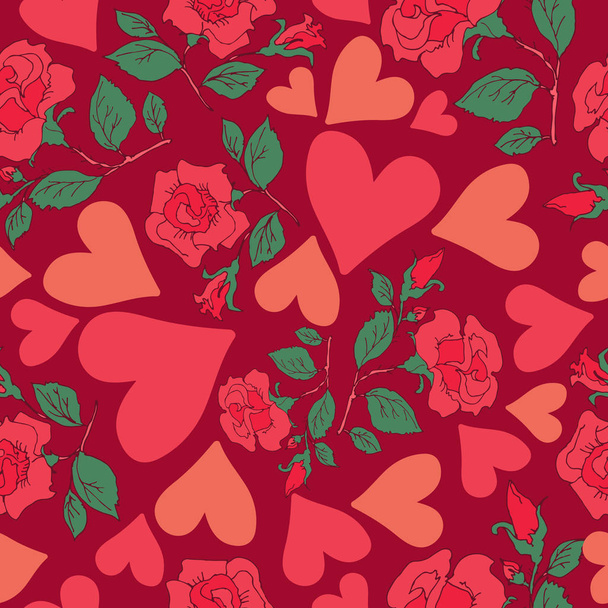 Red roses with hearts. Seamless pattern. Design element for fabric, wallpaper or wrapping paper. Romantic illustration. - Vector, Image