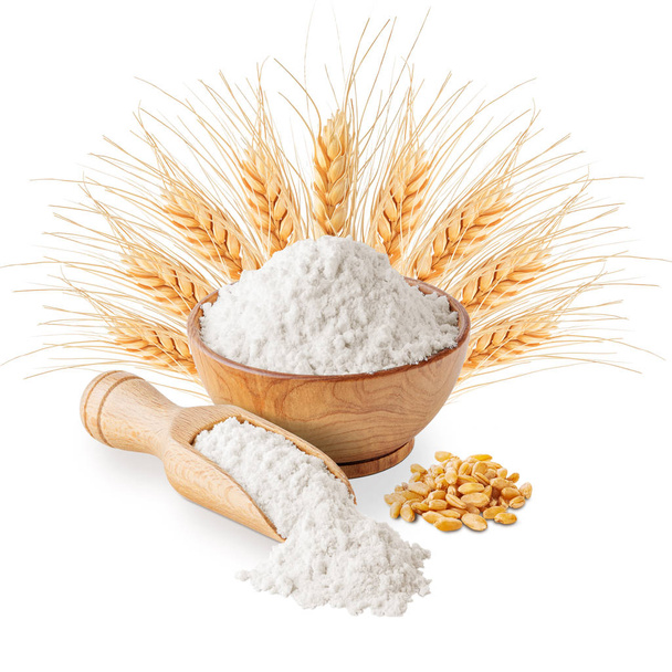 Bowl of white wheat flour and ears isolated - Photo, Image