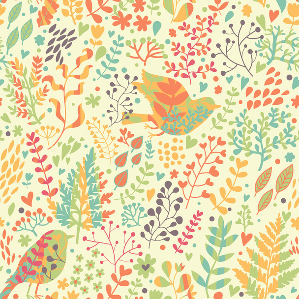 Birds in nature. Vintage floral seamless pattern in bright colors in vector. - Vetor, Imagem