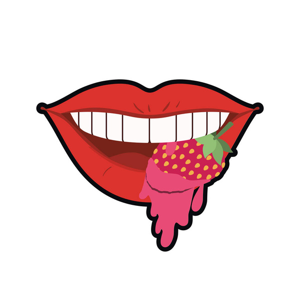 boca femenina goteando con fruta de fresa
 - Vector, Imagen
