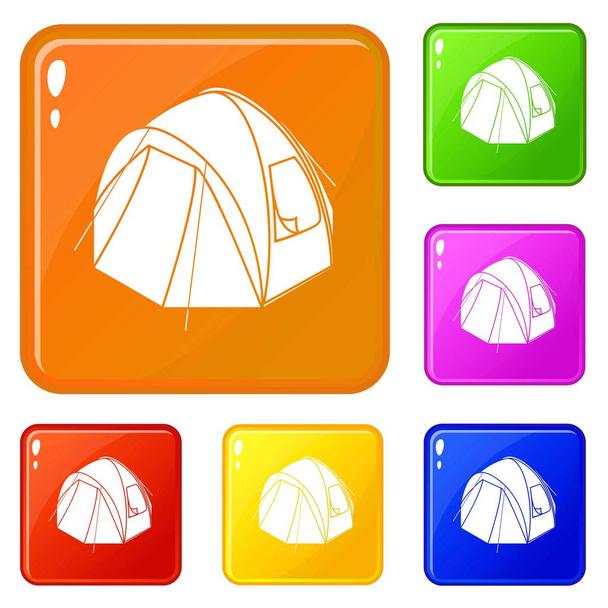Hiking tent icons set vector color - Vector, afbeelding