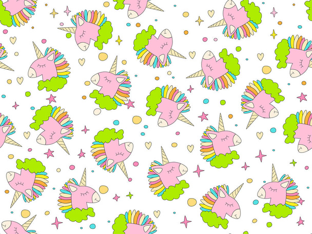 Hand drawn seamless vector pattern with cute unicorns, clouds and stars. Cute hand drawn unicorn vector pattern with rainbow mane and green clouds. Magical positive little girl seamless pattern with - Вектор, зображення